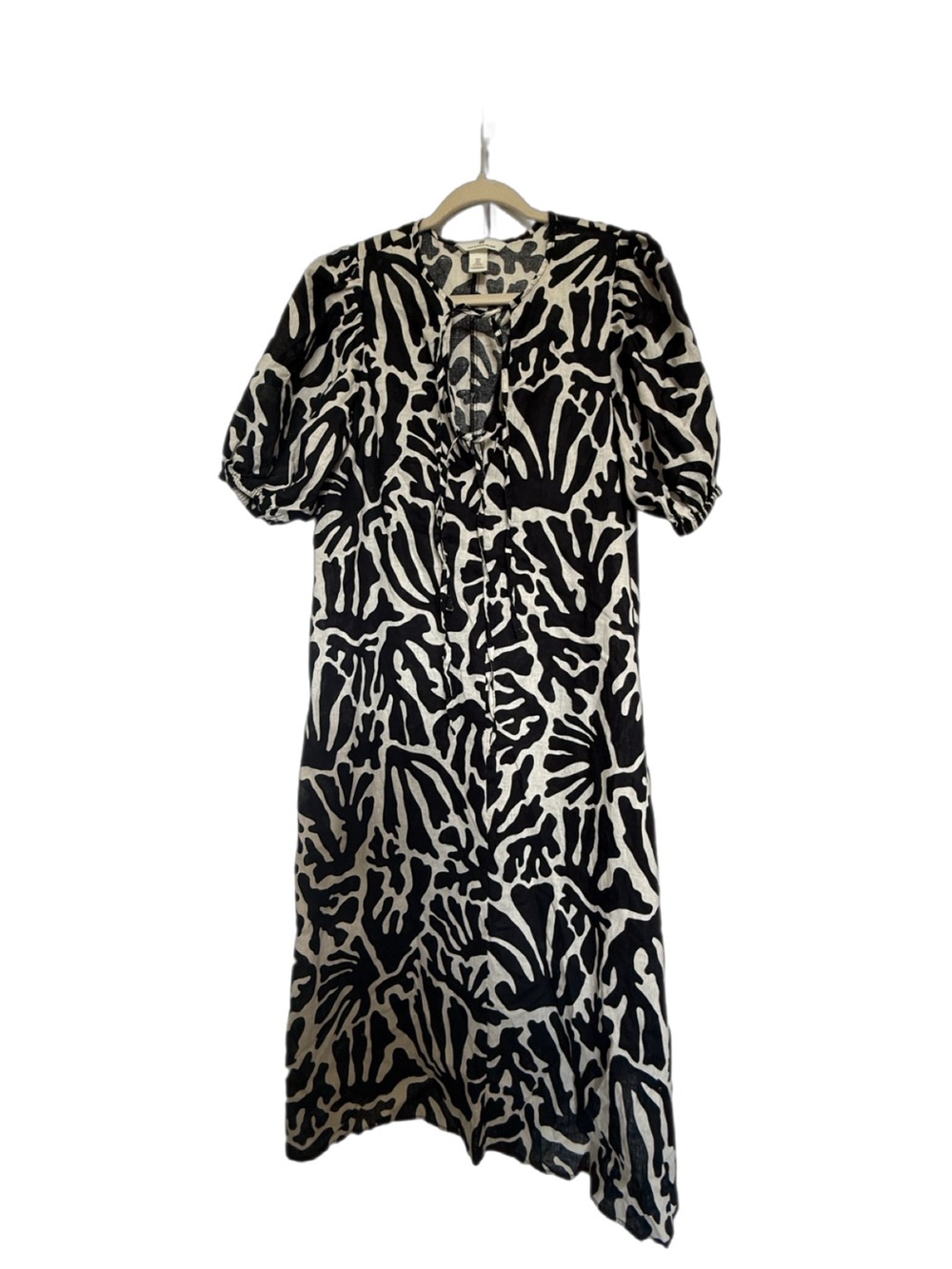 H&M Black and Cream Printed Midi Dress with Tie Neck